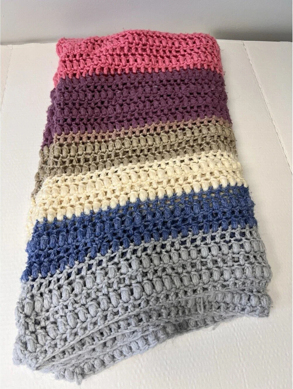 Vintage Hand Knit Afghan Throw Blanket Earth Tones Striped, 56 X 44 Inch